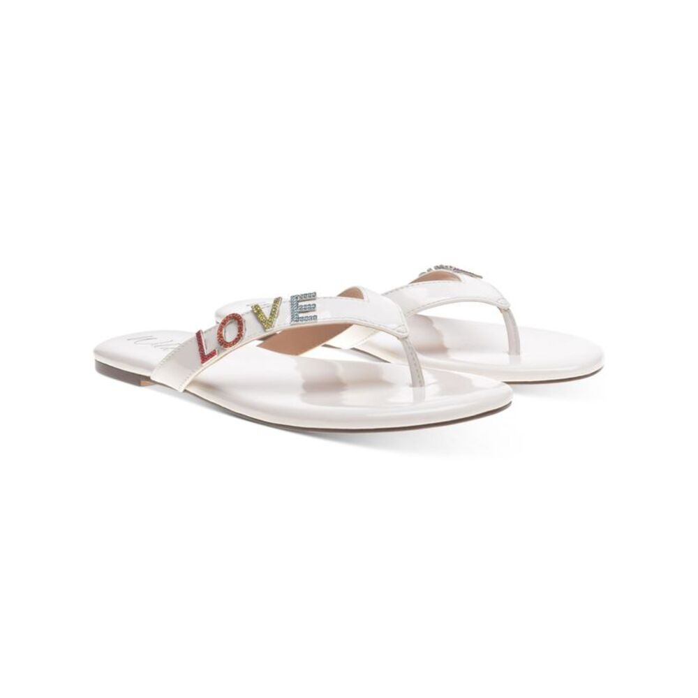 WILD PAIR Womens White Rhinestone Fantasia Round Toe Slip On Thong Sandals 6.5 M